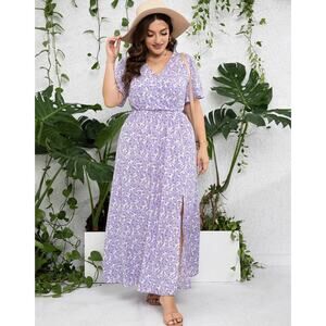 3XL 22 24 Plus Size Purple Floral Maxi Dress Empire Waist Flutter Sleeve NWT